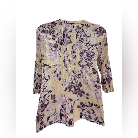 J. Jill Cream and Purple Floral Pintuck Bell Sleeve Blouse - Picture 5 of 7